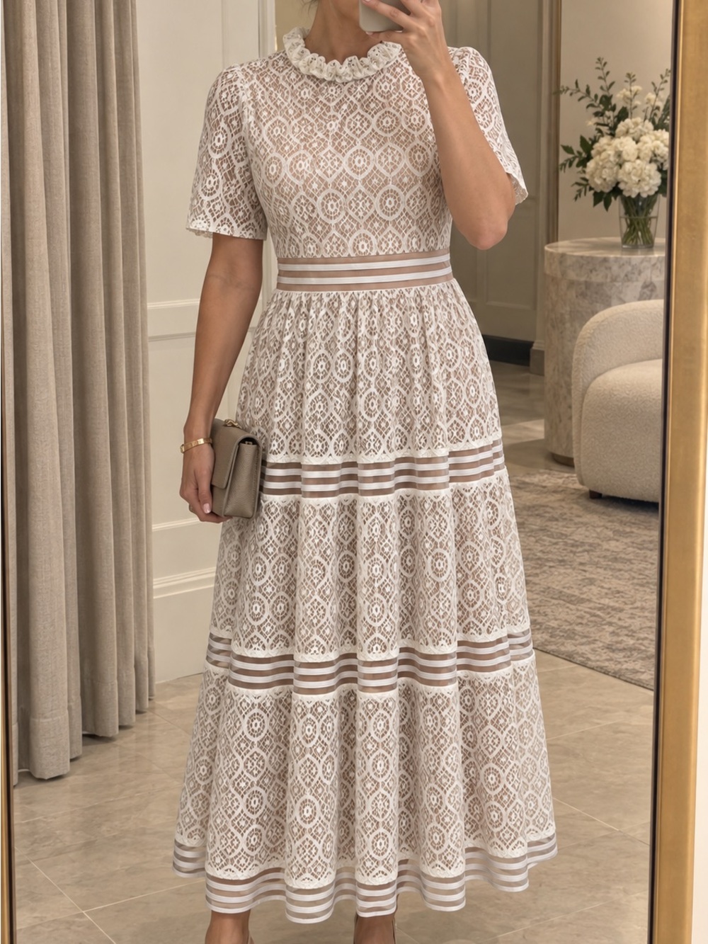 Baltic Born White Lace Midi Dress with Cream Stripes